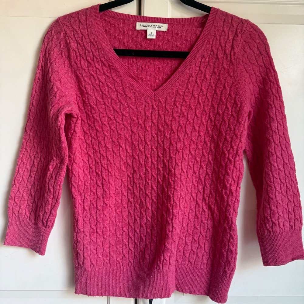 Banana Republic‎ Pink Wool Cashmere Cable Knit V-Neck Sweater Small RN 54023